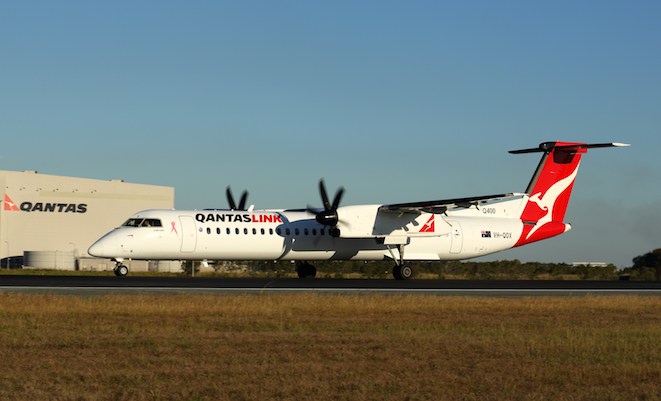 A QantasLink Q400 takes off from Brisbane. (Rob Finlayson)