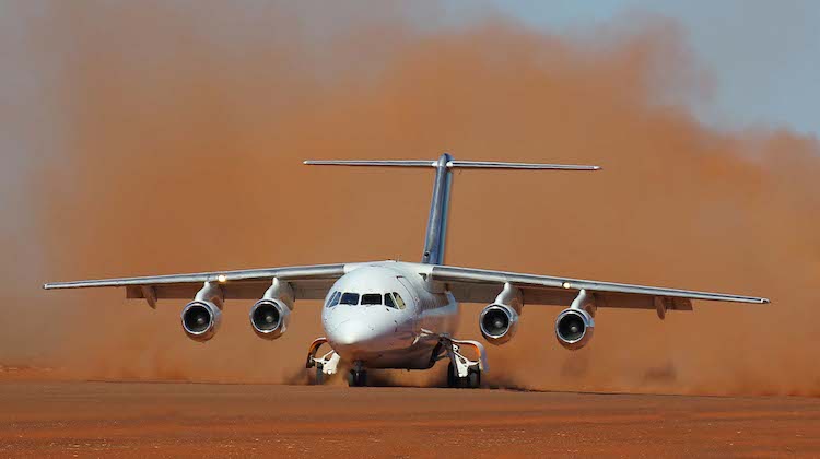 A Cobham BAe 146 begins its take-off roll on an unpaved runway. (BAE Systems)
