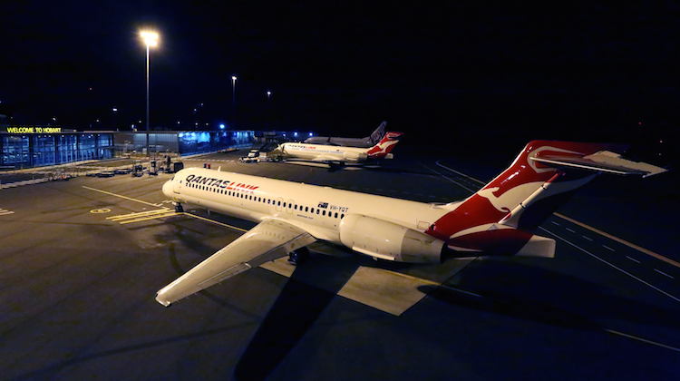Two QantasLink Boeing 717s at Hobart Airport. (Ron Finlayson)
