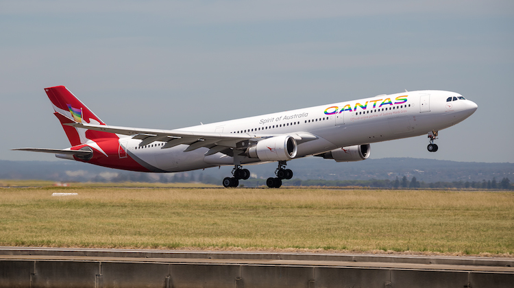 Qantas Airbus A330-300 VH-QPJ featuring Mardi Gras livery takes off as QF433 for Melbourne (Kurt Ams)