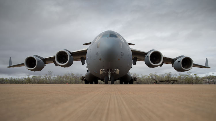 An Australian C-17A Globemaster III aircraft arrives at RAAF Base Curtin in northern Western Australia on 28 August 2016 with two Australian Army S-70 Black Hawk helicopters onboard in preparation for Exercise Northern Shield. (Defence)