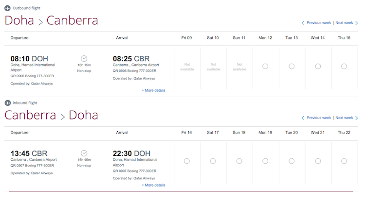 A screenshot of the Qatar Airways website showing the Doha-Sydney-Canberra flight schedules. (Qatar Airways)