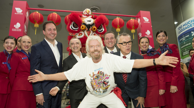 Sir Richard Branson, Virgin Australia chief executive John Borghetti and other special guests celebrating the airline's inaugural Melbourne-Hong Kong flight. (Virgin Australia)