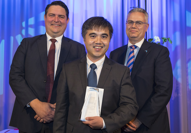 Cathay Pacific sales and marketing manager for Australia Richard Jones (left) and Airservices chief executive Jason Harfield (right) with Australasian Aviation journalist of the year 2016 winner Jordan Chong from Australian Aviation. (Seth Jaworski)