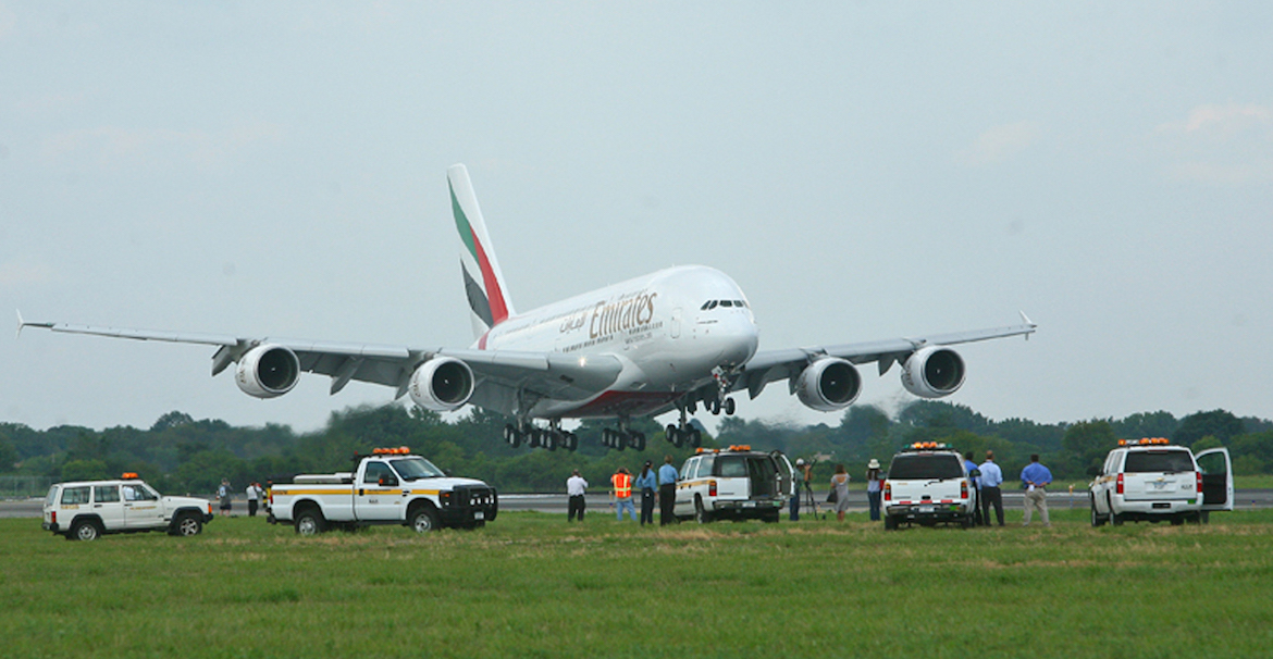 Touchdown – Emirates' inaugural A380 service EK3801 lands at New York in August 2008. (Emirates)