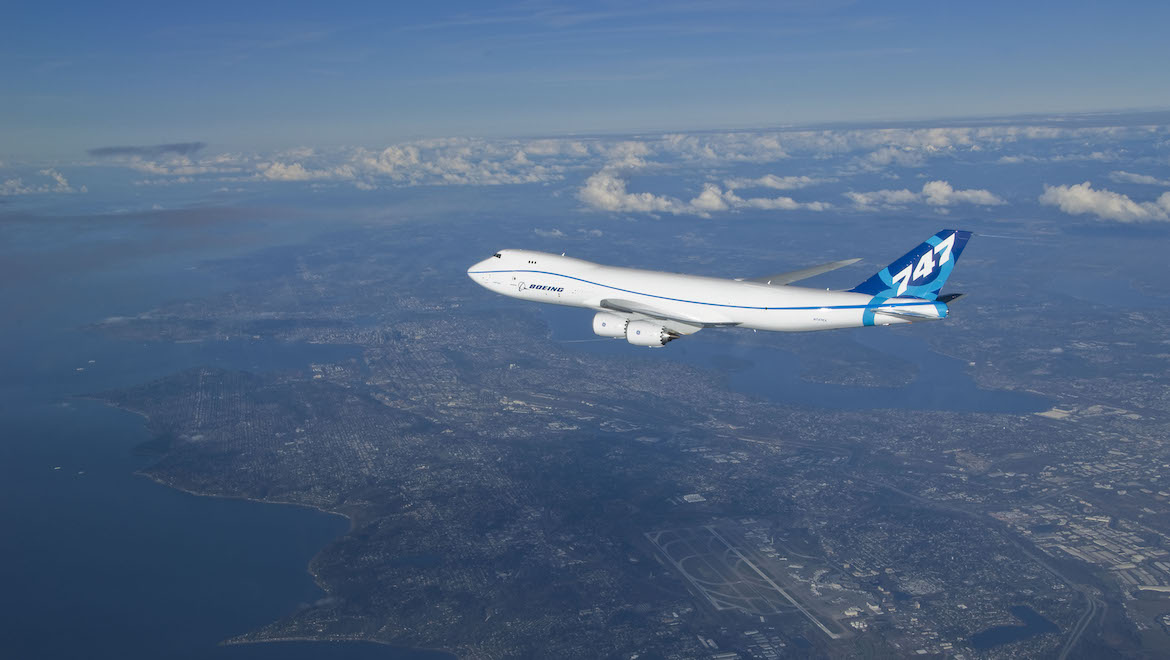 Boeing 747-8F during its 3hr 49min first flight. (Boeing)