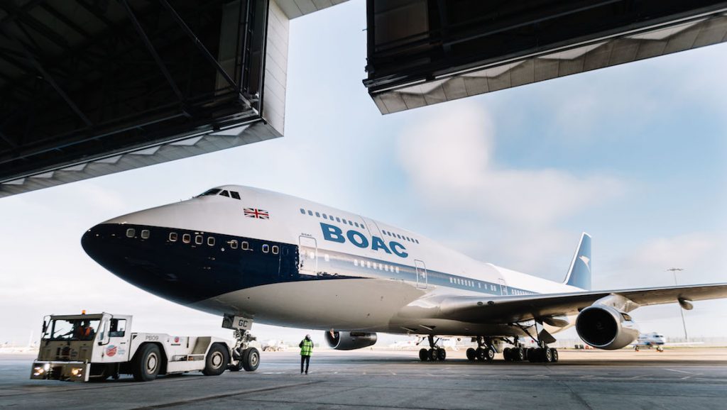 British Airways Boeing 747-400 in retro BOAC livery enters the hangar. (British Airways/Stuart Bailey)