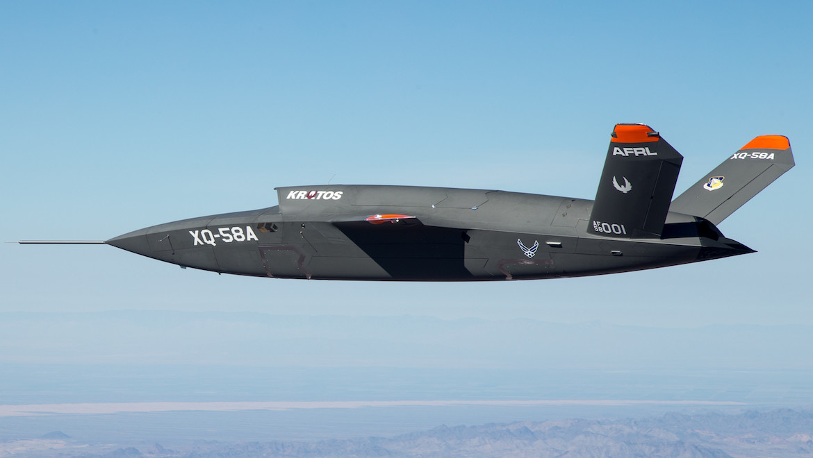 The XQ-58A Valkyrie demonstrator, a long-range, high subsonic unmanned air vehicle completed its inaugural flight March 5, 2019 at Yuma Proving Grounds, Arizona. (US Air Force)