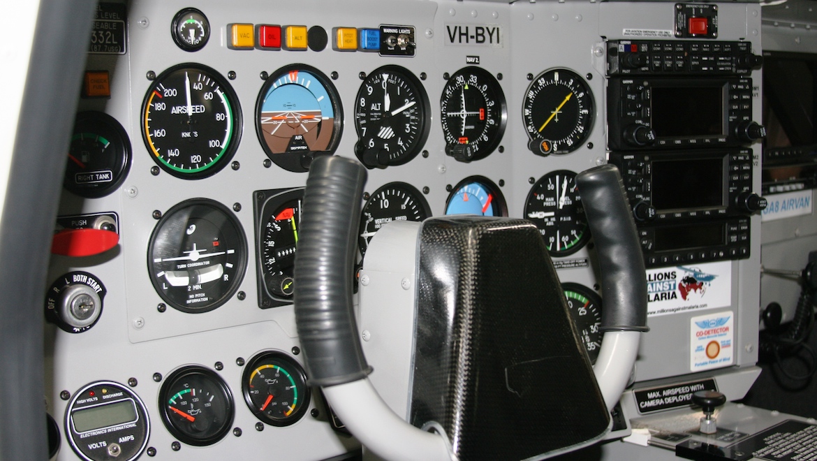 The flight test GA8 had an analogue instrument panel with an impressive digital avionics stack of Garmin equipment and moving maps. (GippsAero)