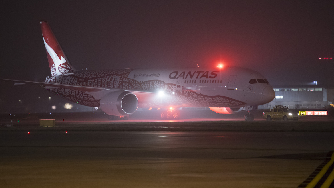 Qantas Boeing 787-9 VH-ZND, operating the inaugural QF9 from Perth, taxis to the gate at London Heathrow. (Qantas)