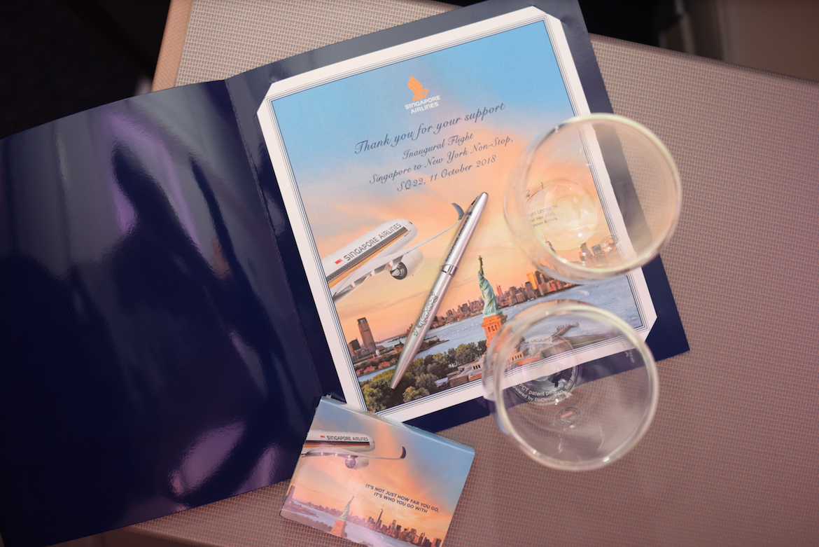 Mementos from the first SIA A350 Singapore-New York service. (Singapore Airlines)