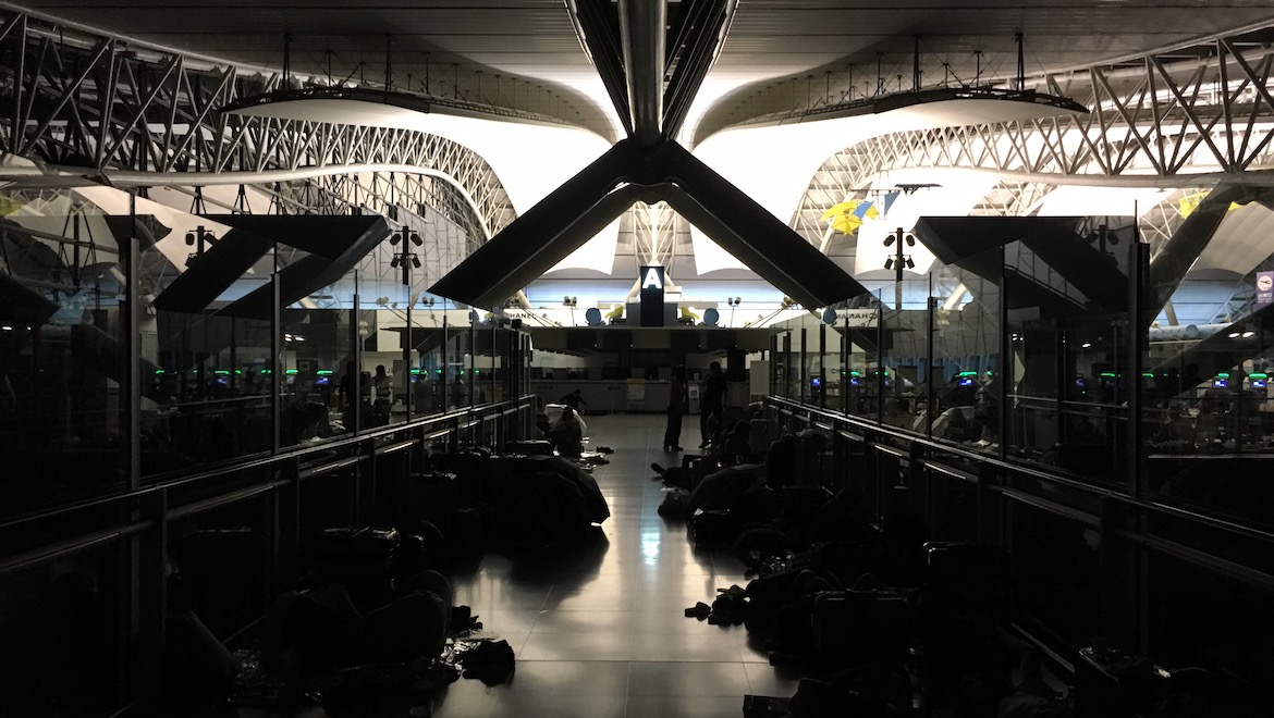Passengers sheltered in the Aeroplaza hotel/retail development on the first island, as well as in Terminal 1, where electrical power was only partially operating. (Kansai Airports)