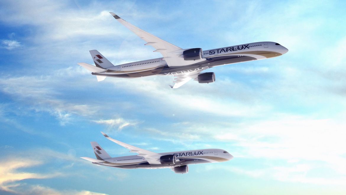 An artist's impression of the Airbus A350-900 and A350-1000 in Starlux livery. (Airbus)