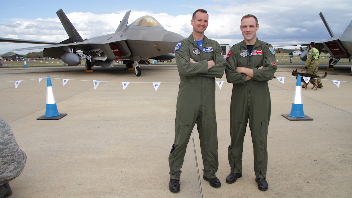 Lt Col Chris Niemi, CO of 3rd Wing sister unit the 525th Fighter Squadron (left) and RAAF SQNLDR Matt Harper (right) at the 2011 Avalon Airshow. (Australian Aviation Archive)