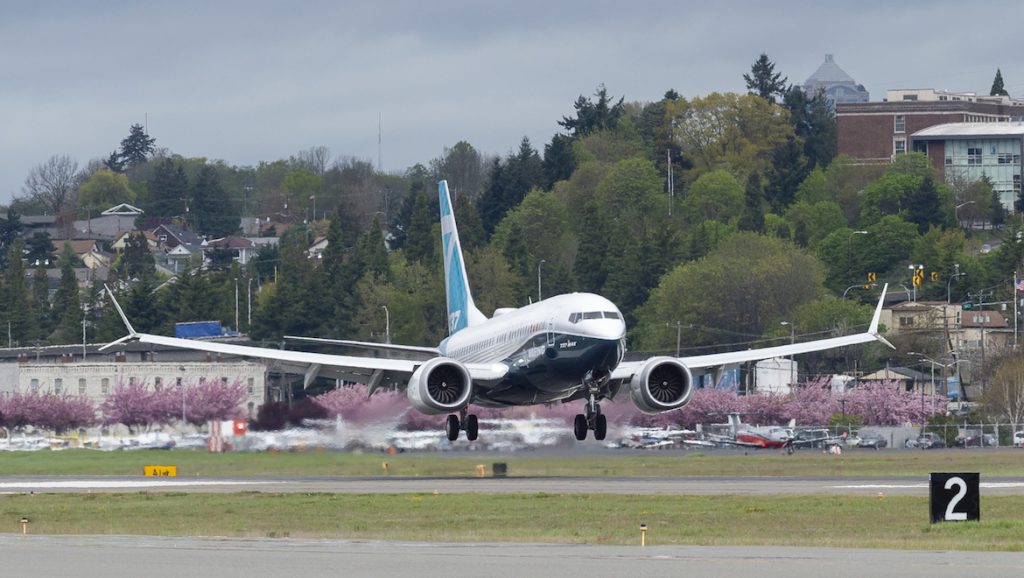A supplied picture of a Boeing 737 MAX 7 landing on April 17, 2019 after a technical demonstration flight for the MCAS software update. (Boeing)