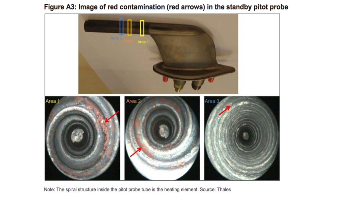 An look at the contamination on one of the aircraft's three pitot probes on Virgin Australia Regional Airlines Airbus A320 VH-FNP. (ATSB)