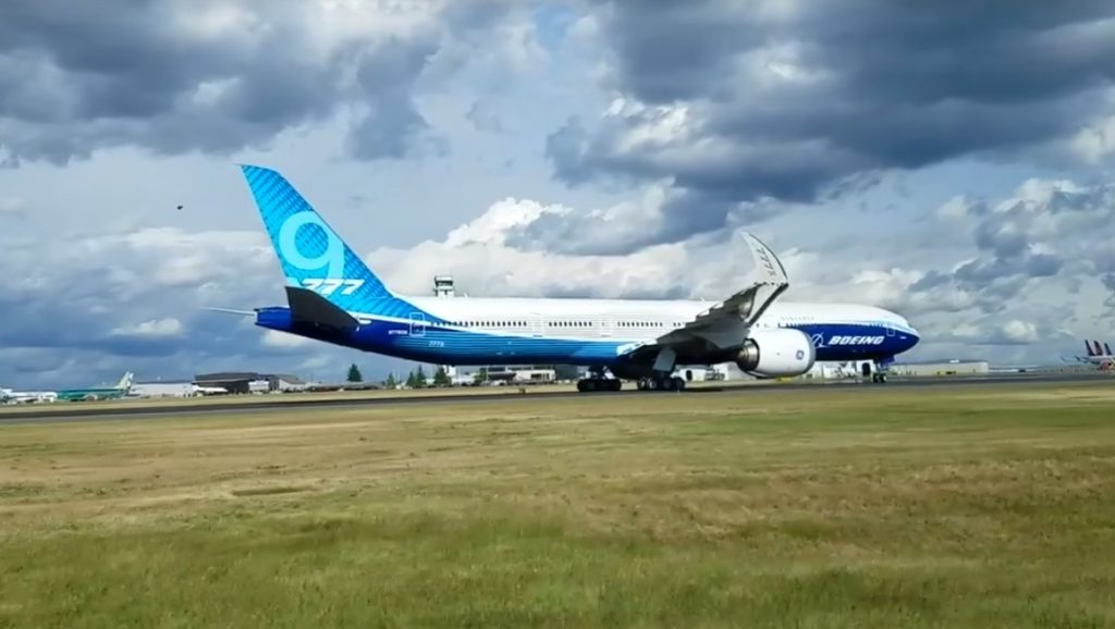 A screenshot of a Boeing video showing the 777-9X being put through low-speed taxi tests. (Boeing)